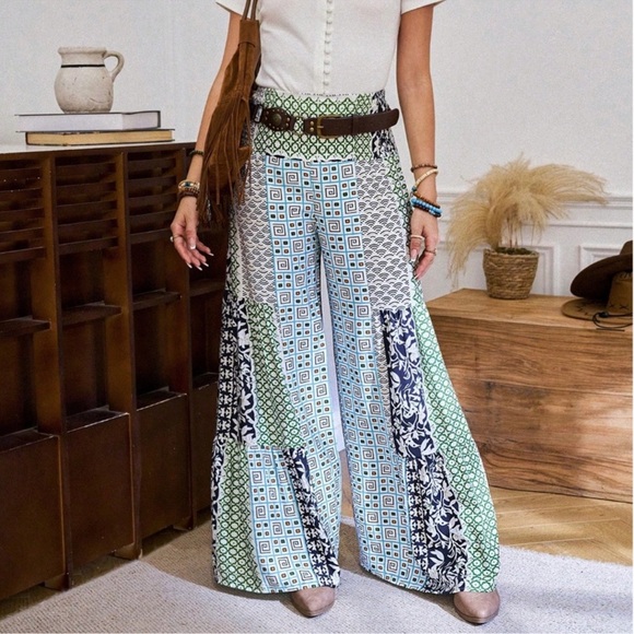 Boho Geo Patchwork Print Wide Leg High Waisted Pants S M L XL